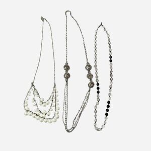 Boho Lot of 3 Long Necklaces Crystal Pearls Silver Tone